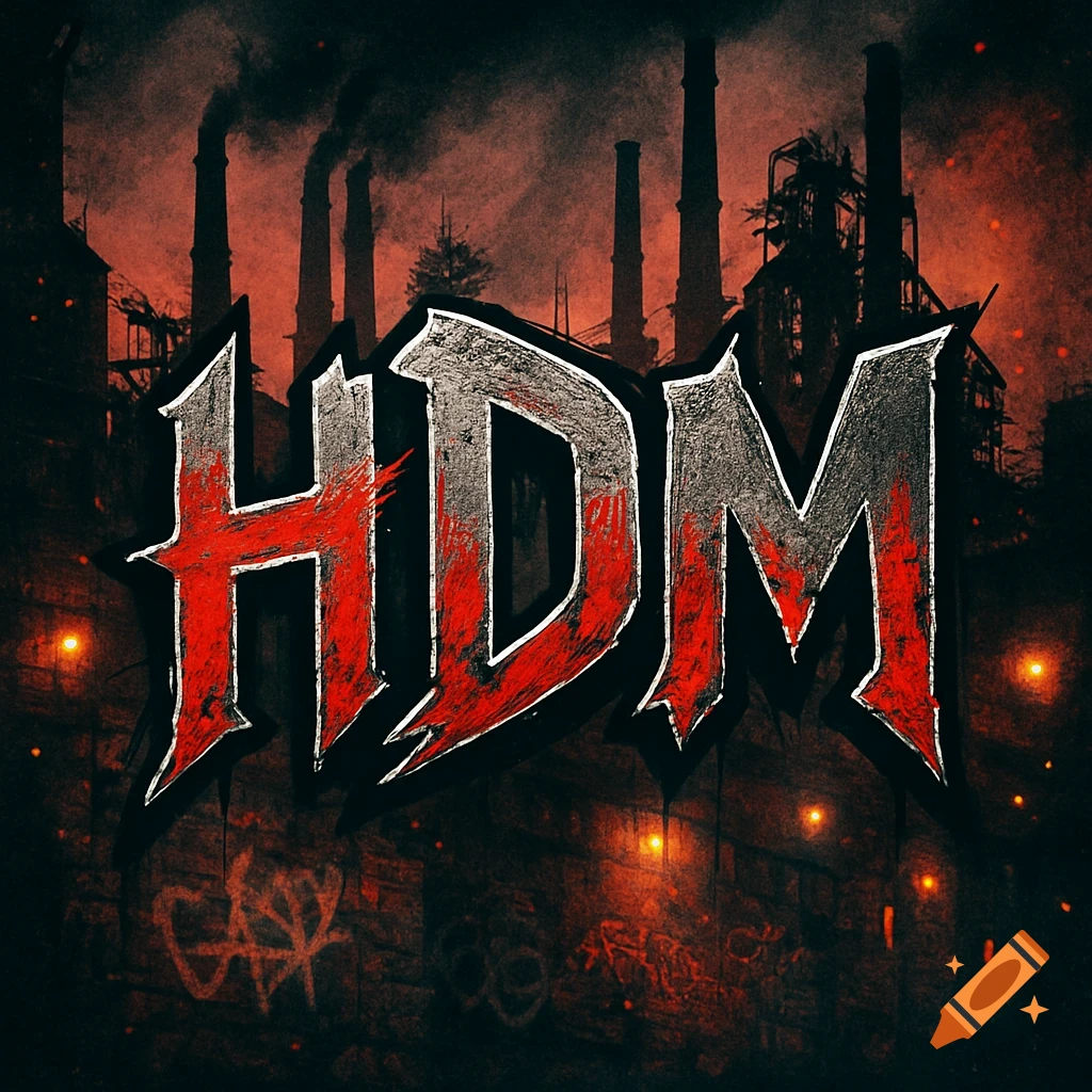 Gritty 'HDM' logo in punk rock style against a dark industrial background with smoking chimneys and graffiti.
