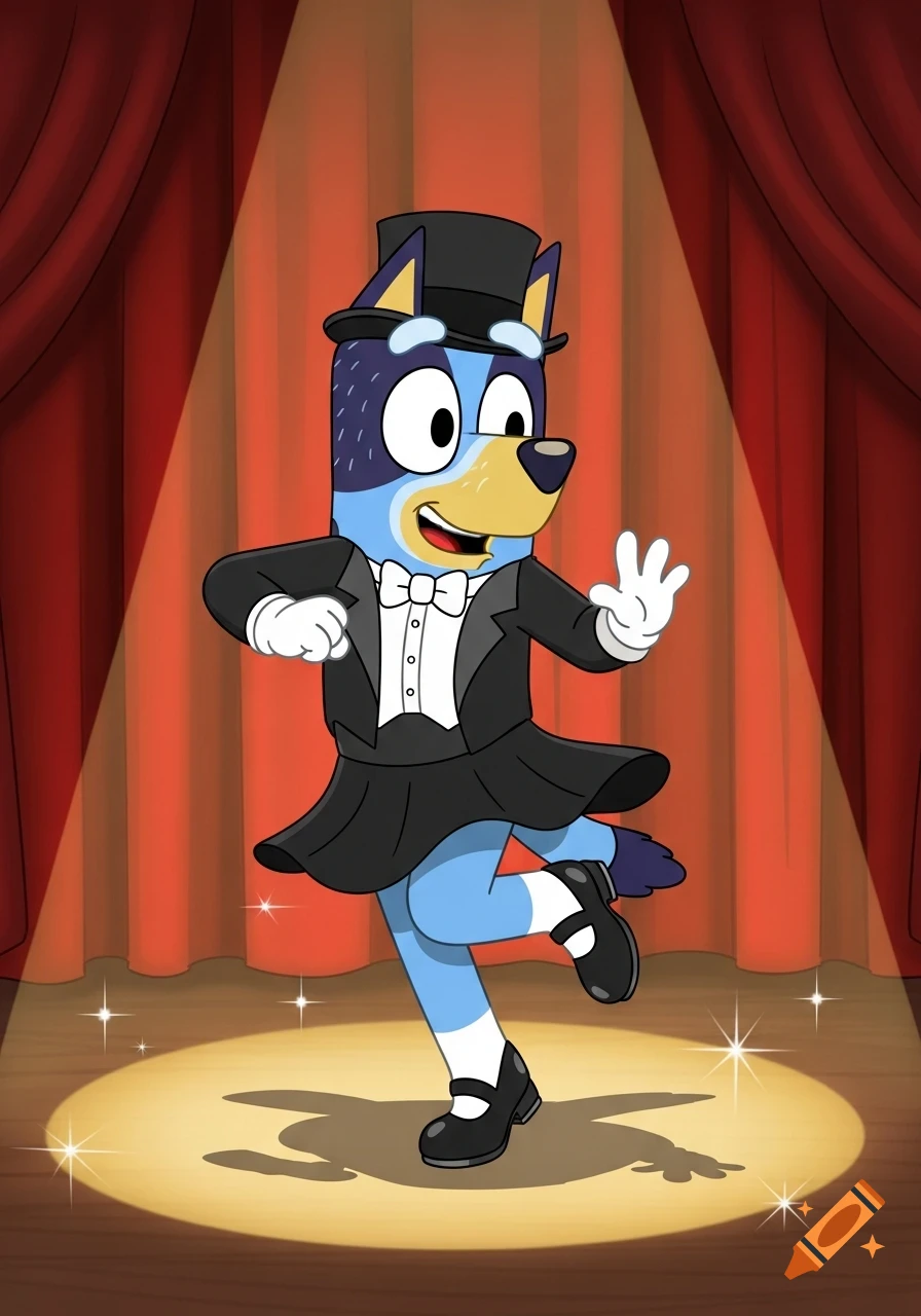 Bluey Heeler, a blue cartoon dog, tap dances on stage in a spotlight, wearing a black tuxedo, top hat, skirt, and Mary Jane shoes.