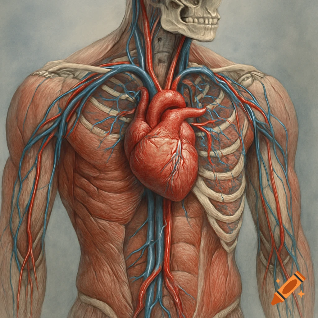 Detailed anatomical illustration of the human torso showing the heart, blood vessels, muscles, and skeletal structure.