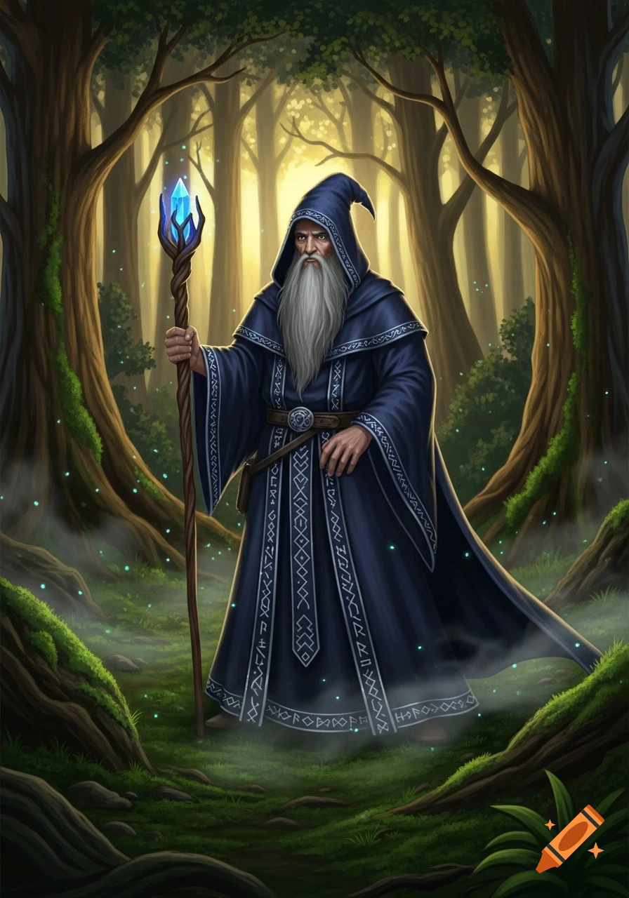 A wise old wizard with a long white beard and a blue hooded robe stands in a mystical forest, holding a staff with a glowing blue crystal.