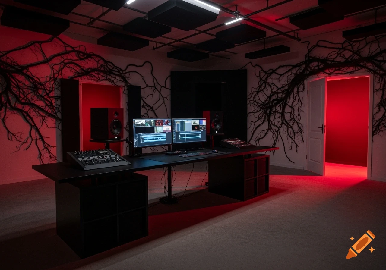 Dark editing studio with red lighting and black roots climbing the walls, featuring a desk with two monitors and audio equipment.
