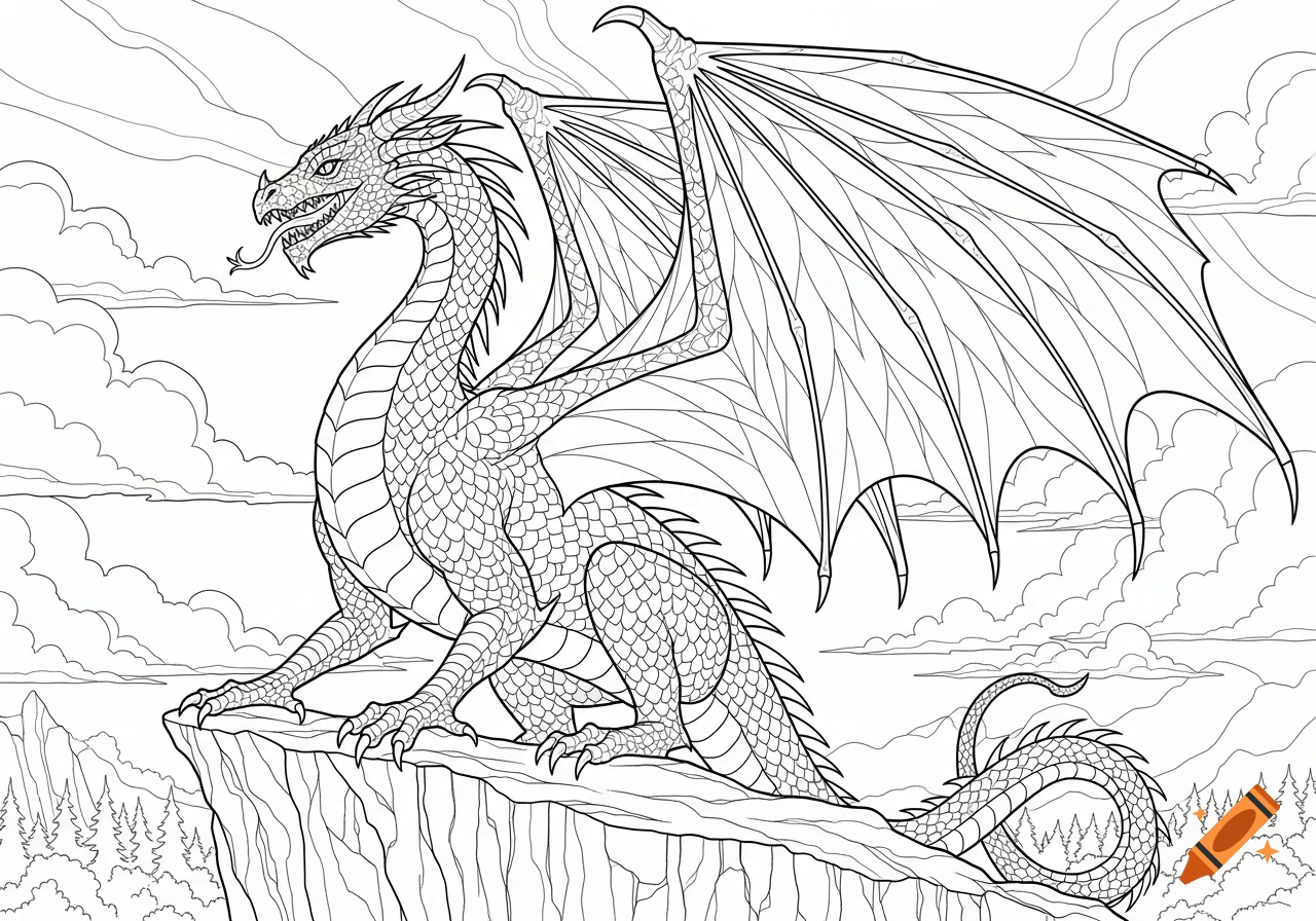 A detailed coloring page of a two-legged dragon with large wings, perched on a rocky cliff overlooking a landscape with mountains and clouds.