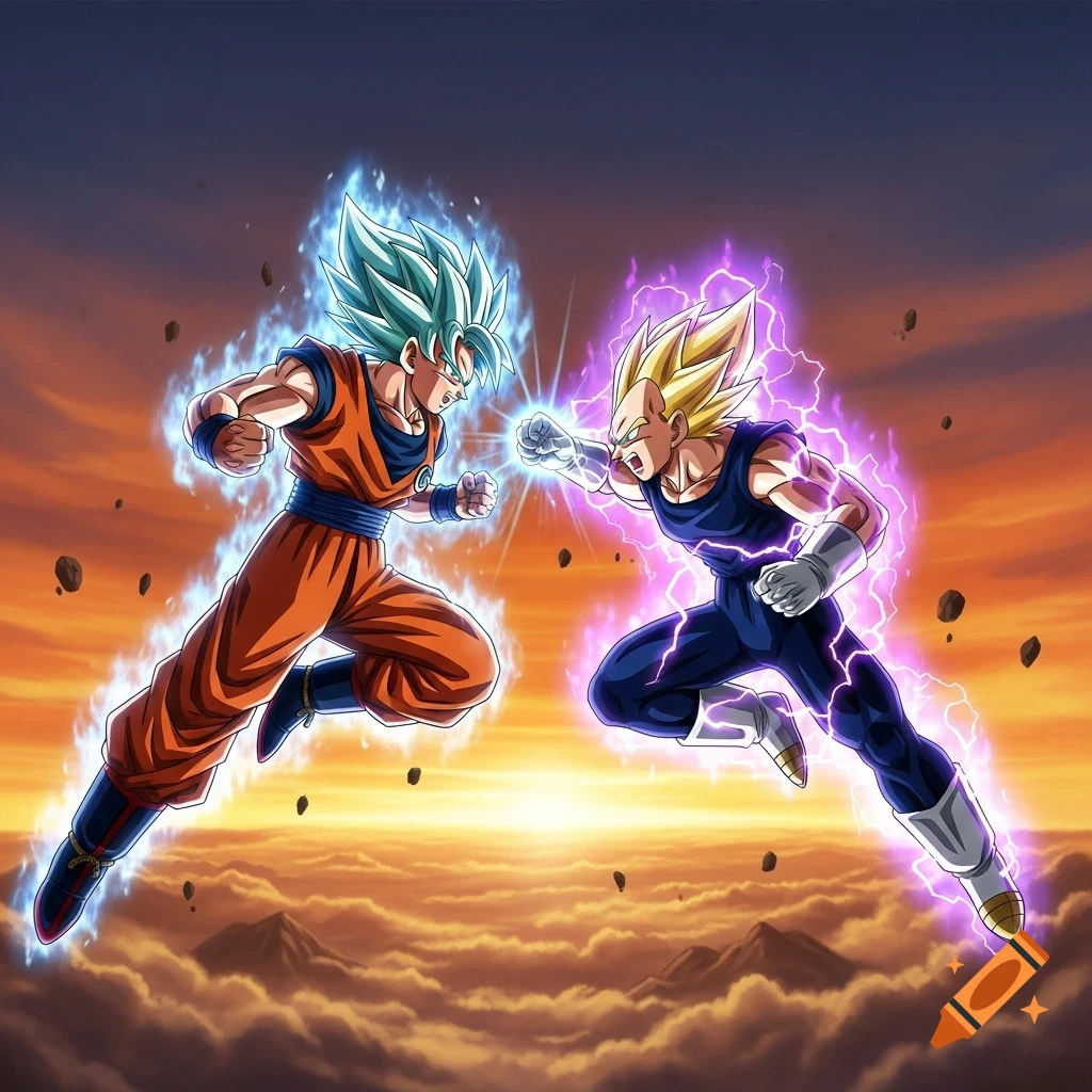 Goku with blue aura and Vegeta with purple aura clash fists in an anime style against a sunset sky.