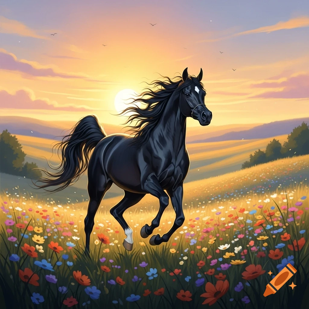 A black Arabian horse gallops through a vibrant meadow of colorful flowers under a setting sun, in a stylized art style.