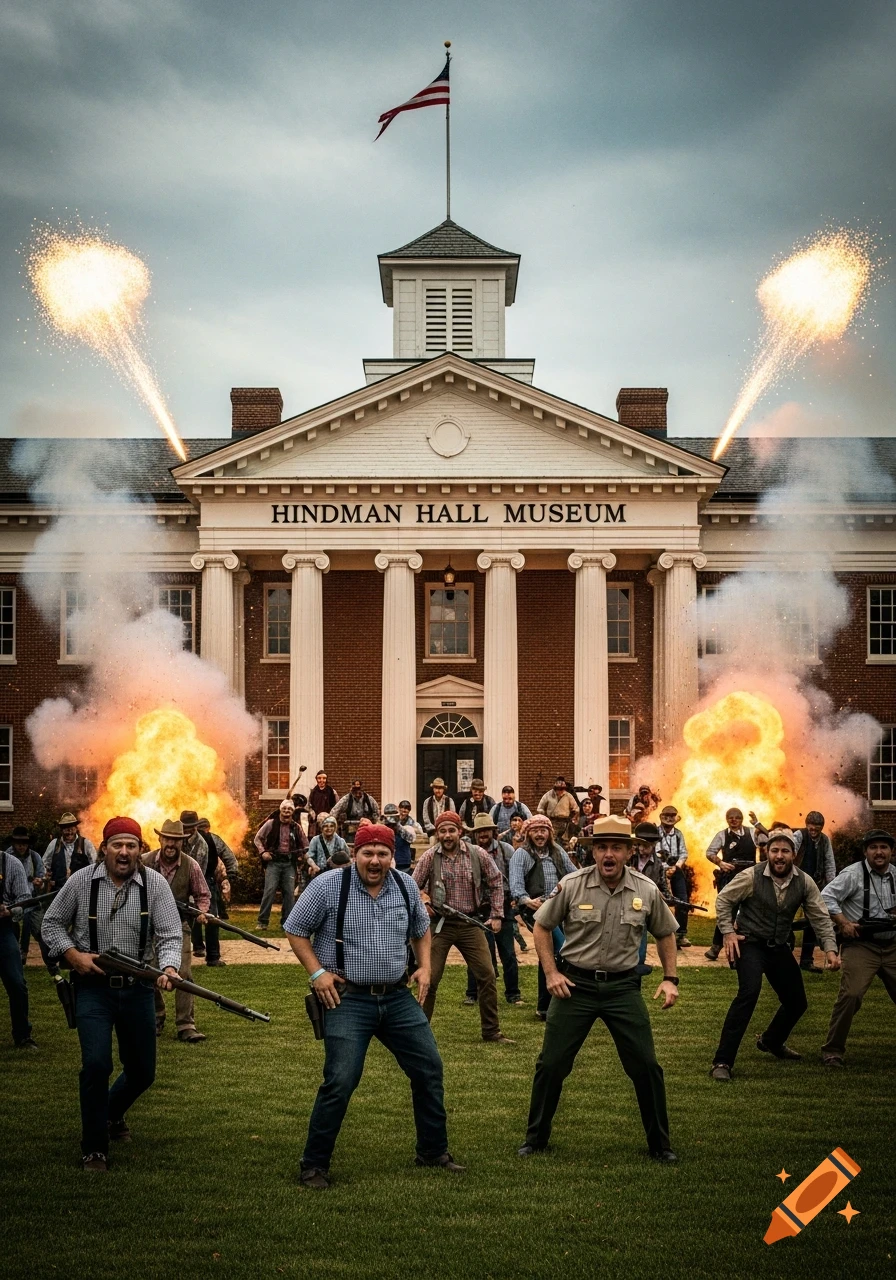 A dramatic, photorealistic scene of men in historical attire with rifles, and a park ranger, in front of the Hindman Hall Museum with explosions and fireworks.