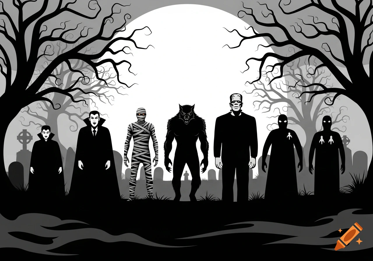 A black and white illustration of classic monsters including vampires, a mummy, a werewolf, and Frankenstein's monster standing in a graveyard under a full moon.