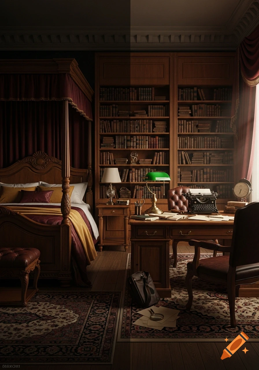 A dark academia style room with a four-poster bed on one side and a desk with a typewriter, bookshelves, and a leather chair on the other.