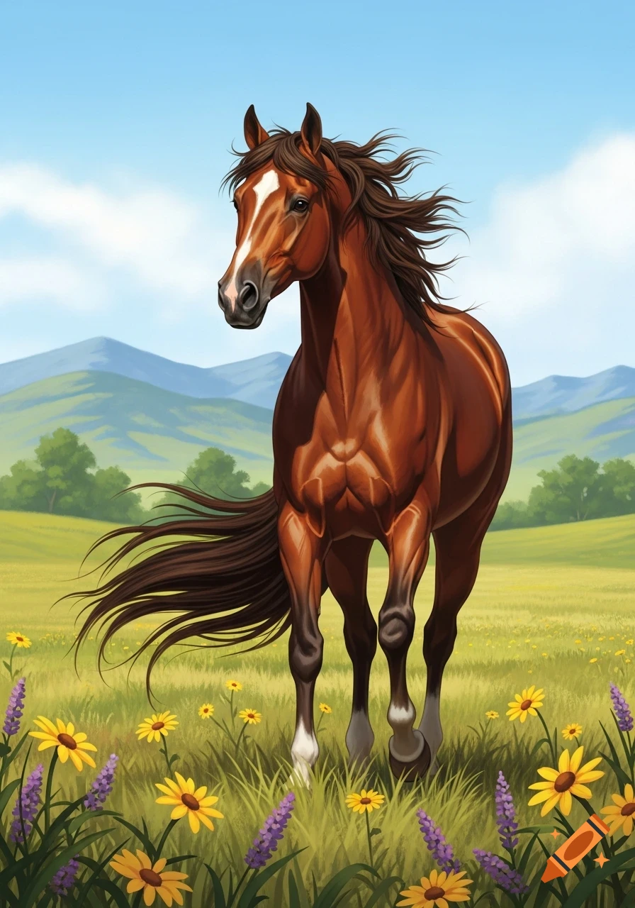 A brown horse with flowing mane and tail stands in a green meadow with yellow and purple flowers and distant mountains under a blue sky.