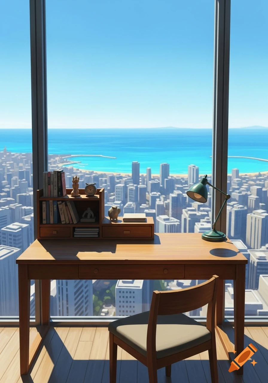 A wooden desk with a small bookshelf and a green lamp, facing a large window with a high-rise city view and a blue ocean.