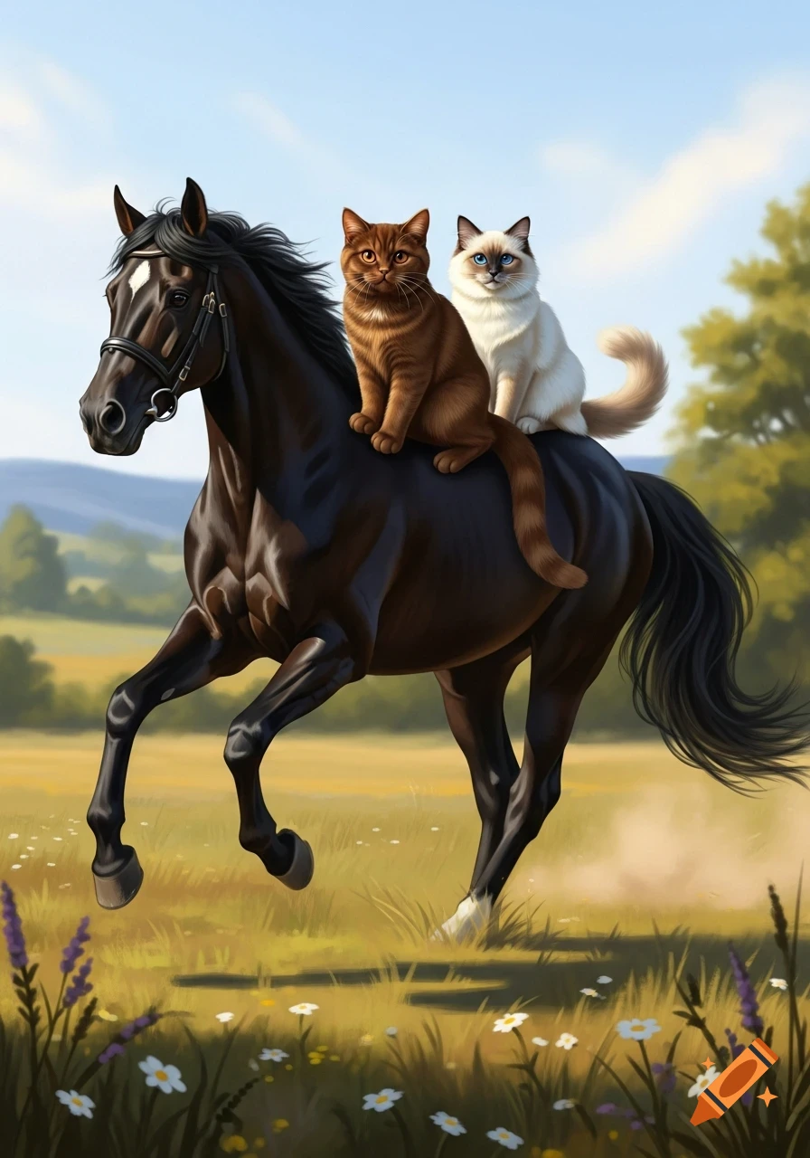 A dark brown horse with a bridle trots through a sunlit field, carrying an orange tabby cat and a white Ragdoll cat on its back.