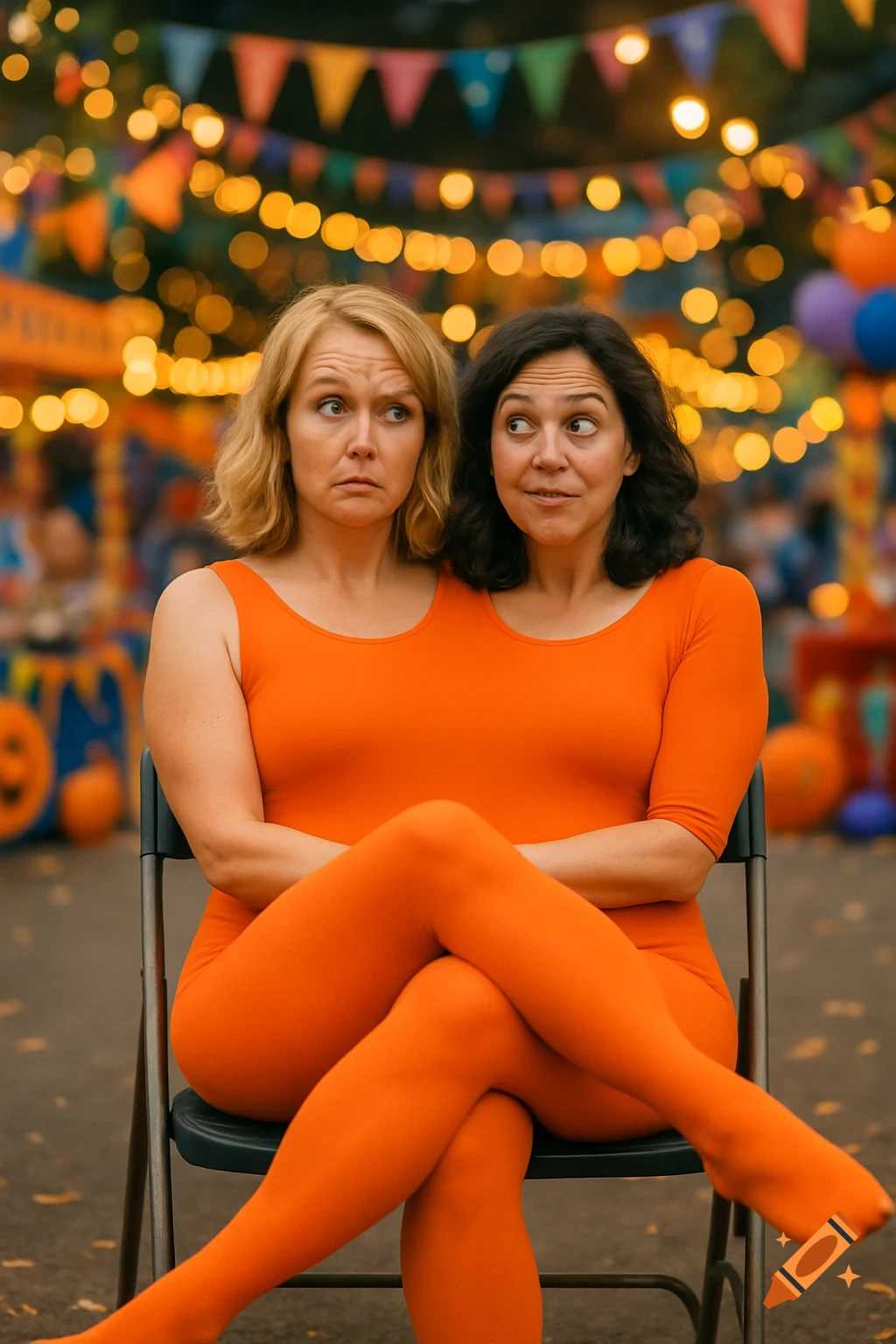 Two women, one blonde, one dark-haired, create a conjoined illusion in an orange leotard, seated at a blurred, lit-up carnival.