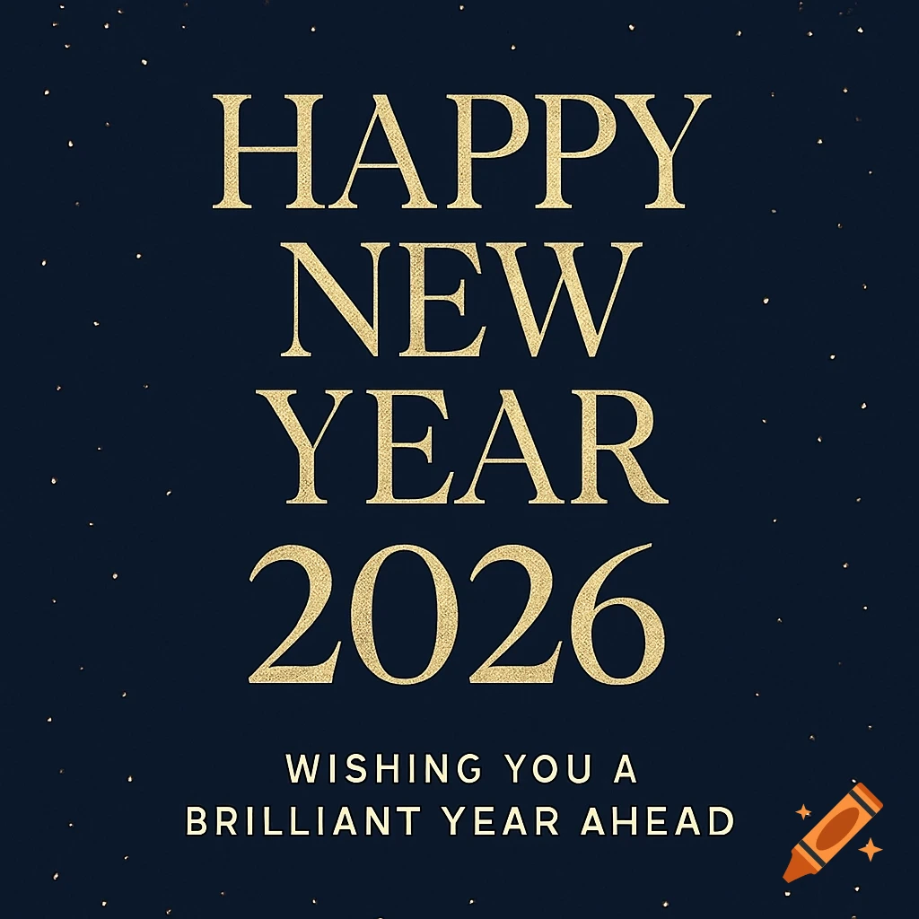 Deep navy New Year greeting card with gold confetti and text 'Happy New Year 2026' and 'Wishing you a brilliant year ahead'.