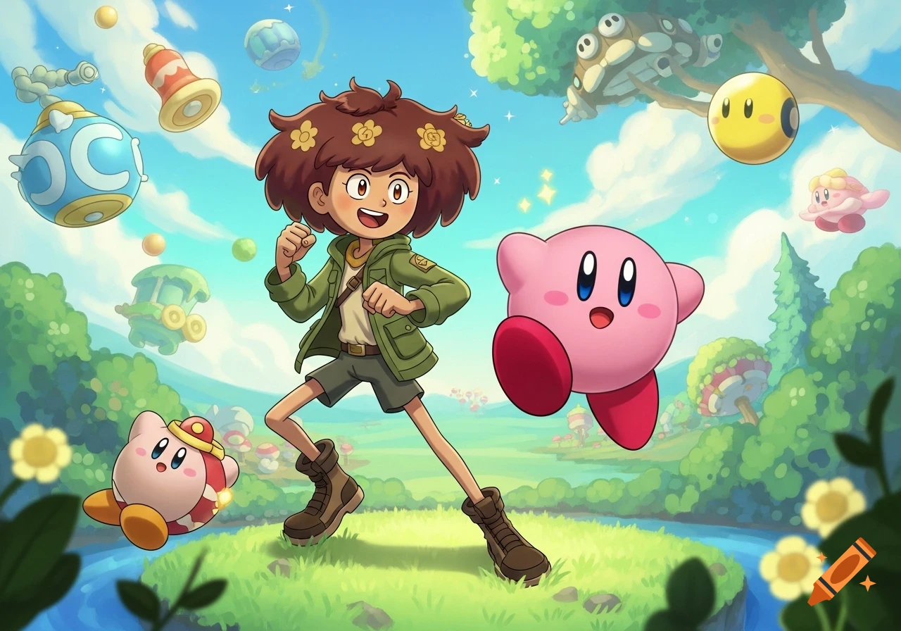 Anne Boonchuy and two Kirby characters running happily in a vibrant cartoon landscape with floating items and lush greenery.