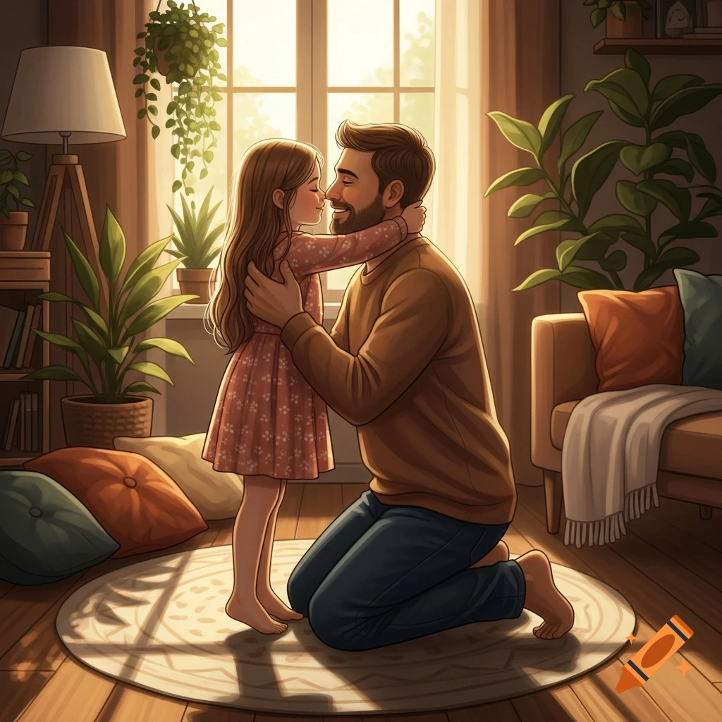 A man on his knees hugging his daughter in a warm, sunlit living room with many plants.