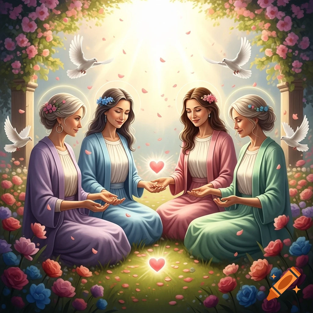 Four women meditate in a flower garden with doves, glowing hearts, and falling petals under a heavenly light.