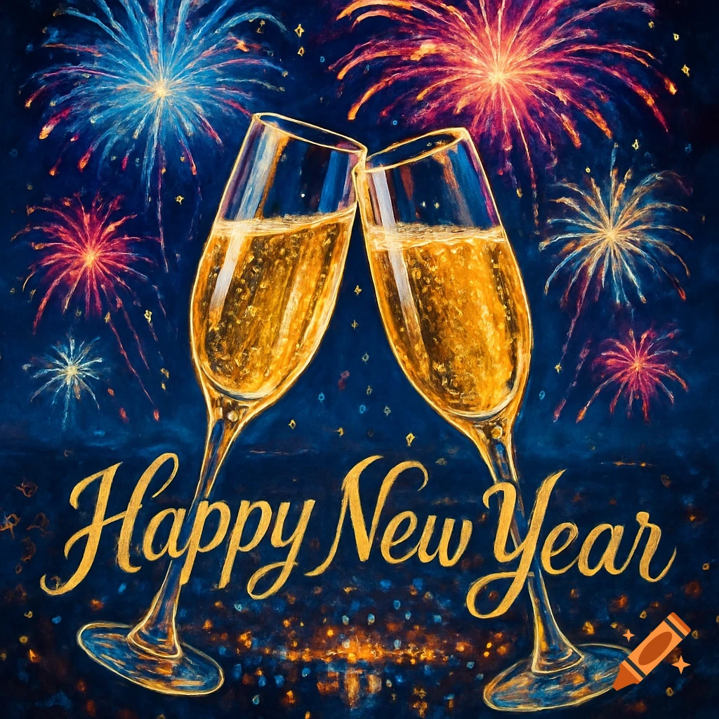 Two champagne glasses clinking with "Happy New Year" text, set against a dark blue sky with vibrant fireworks explosions.