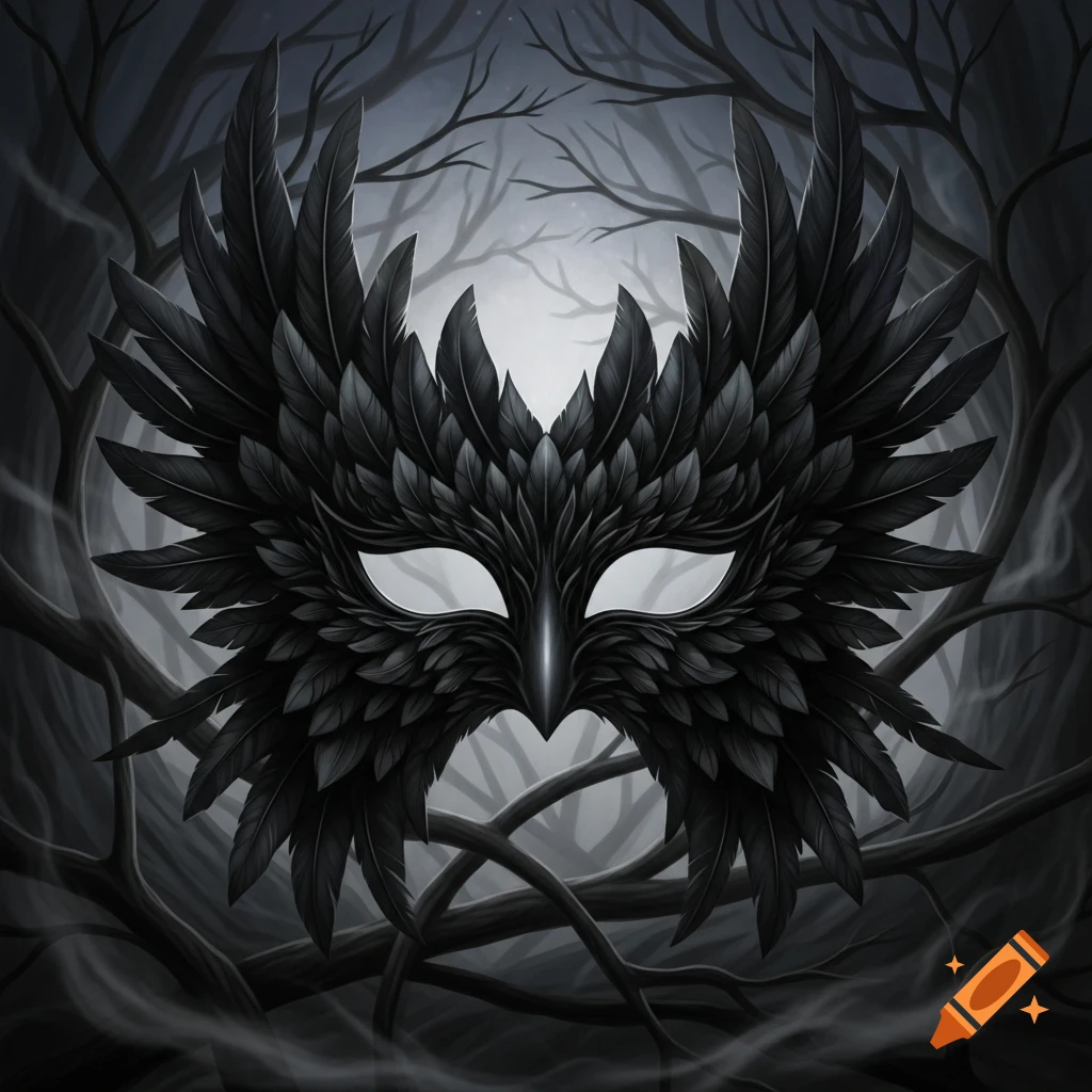 A stylized black feathered mask with glowing white eyes against a dark, eerie forest background.