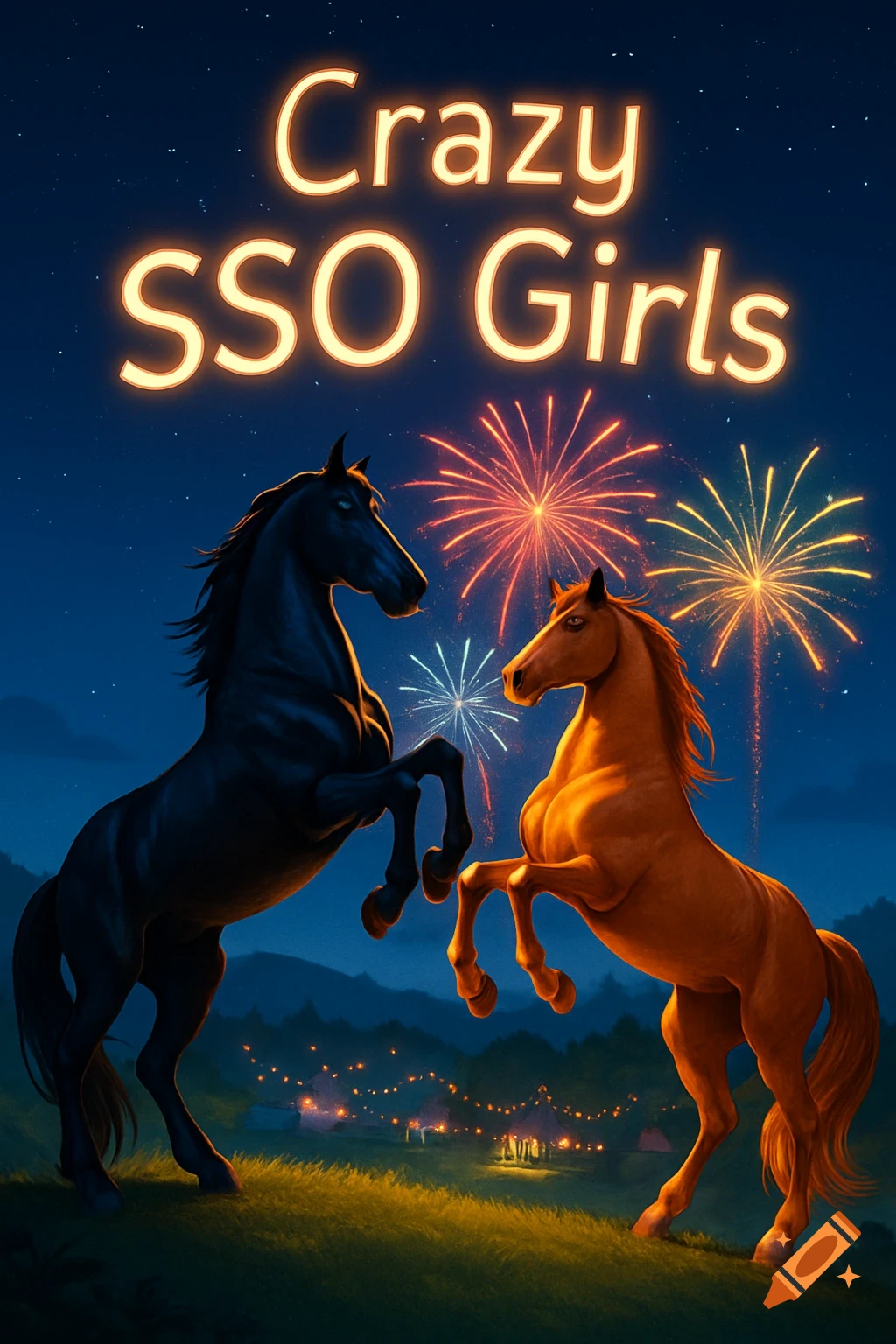 Two stylized horses, one black and one orange, rear facing each other on a grassy hill under a night sky with colorful fireworks and distant lights. The text "Crazy SSO Girls" glows at the top.
