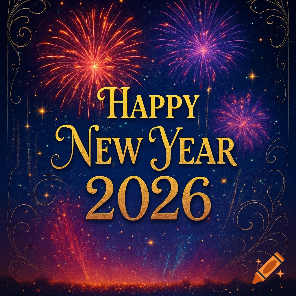 Vibrant New Year 2026 greeting card with golden text and colorful fireworks against a dark blue, starry sky.