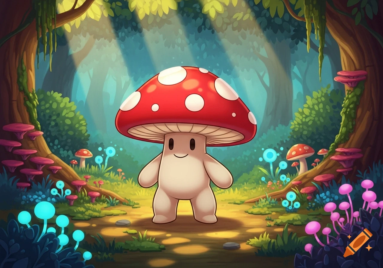 A cute, smiling mushroom character with a red and white spotted cap stands in a vibrant, glowing fantasy forest.