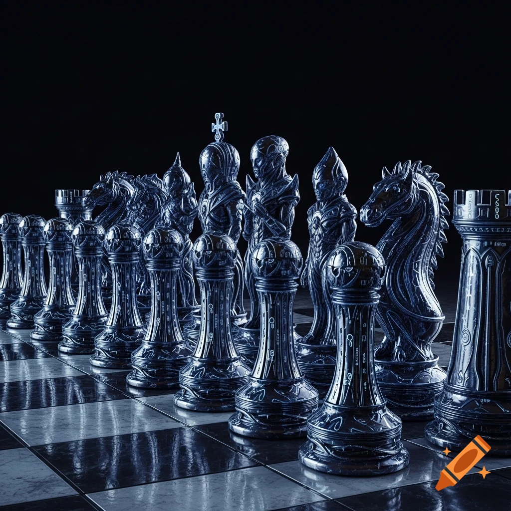 Close-up of futuristic, dark metallic alien chess pieces with glowing blue patterns on a chessboard.