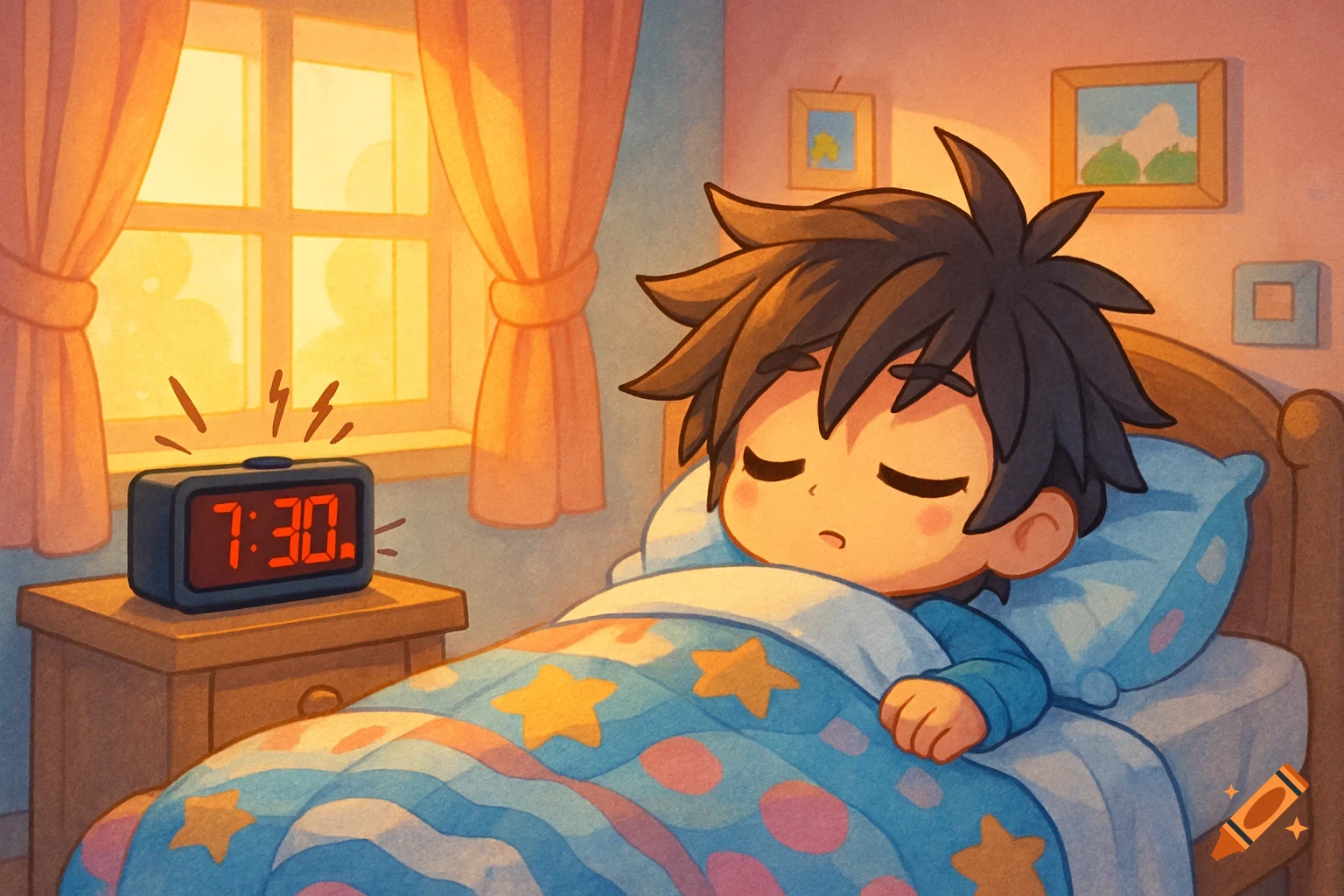 A cute anime-style boy sleeps soundly in bed while a digital alarm clock on his nightstand shows 7:30.