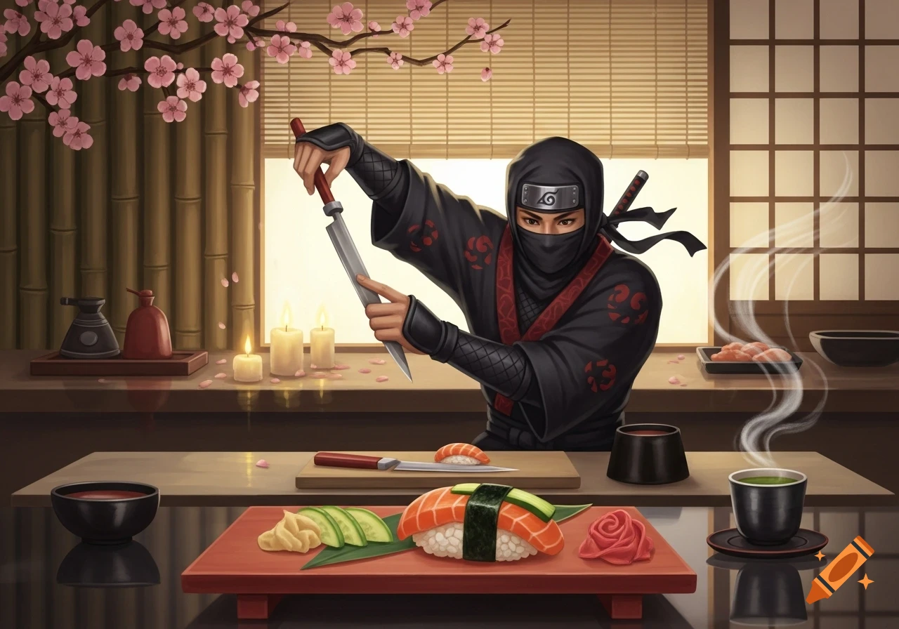 A masked ninja in a black suit prepares sushi at a wooden counter, surrounded by cherry blossoms, candles, and traditional Japanese decor.