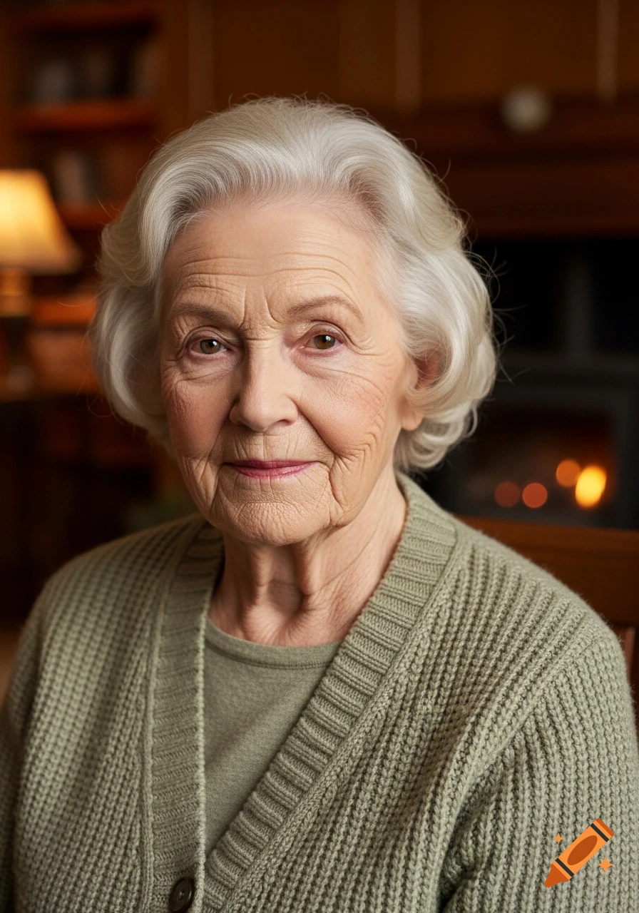A photorealistic portrait of an elderly woman with white hair wearing a green cardigan, looking forward in a dimly lit room.