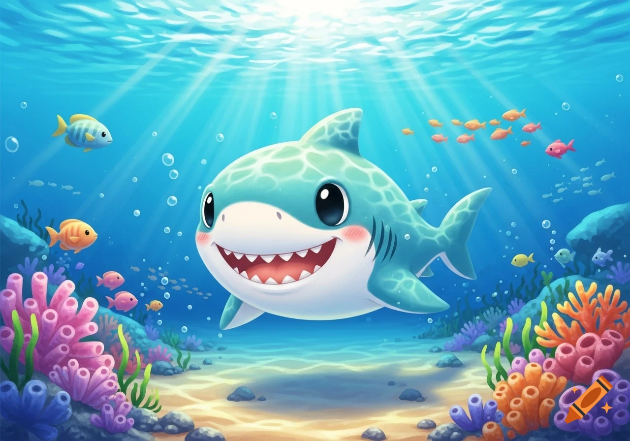 A cute, smiling cartoon shark swims underwater amidst colorful coral reefs and small fish, with sunrays piercing through the surface.