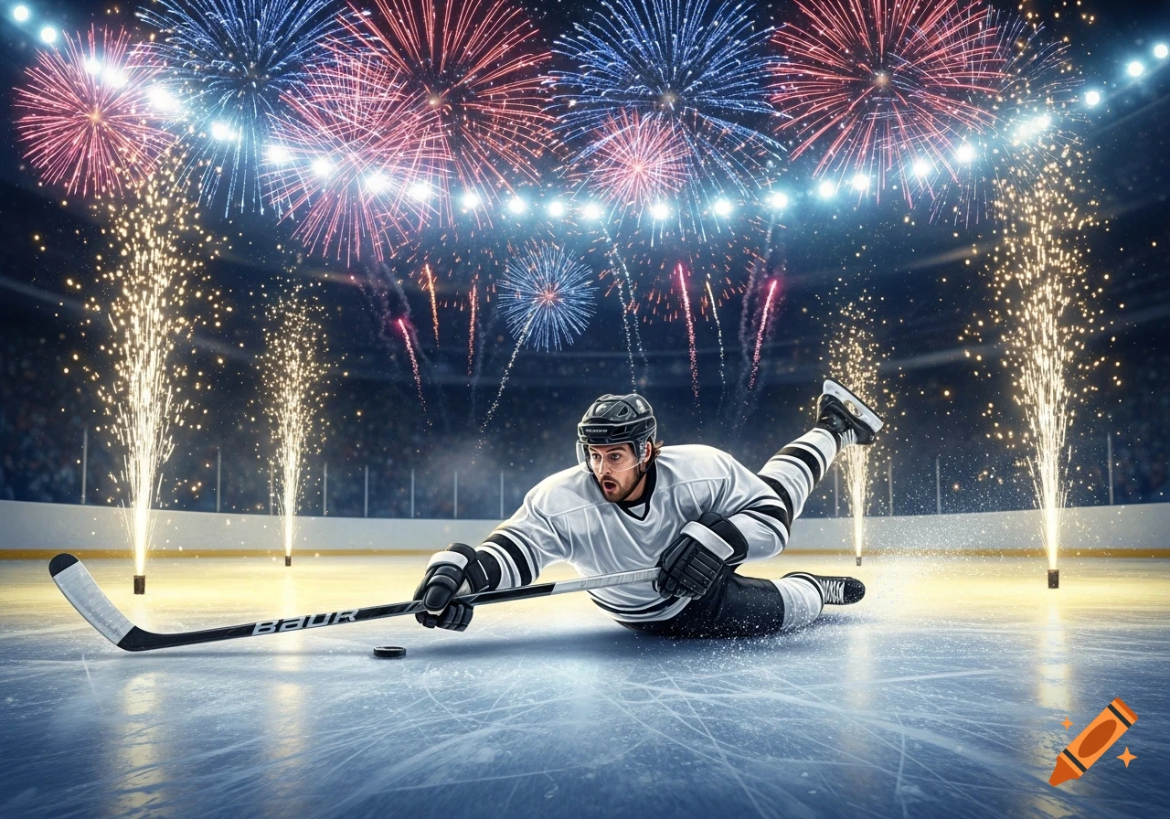 Photorealistic image of a hockey player sliding on an ice rink under stadium lights, with fireworks exploding overhead.