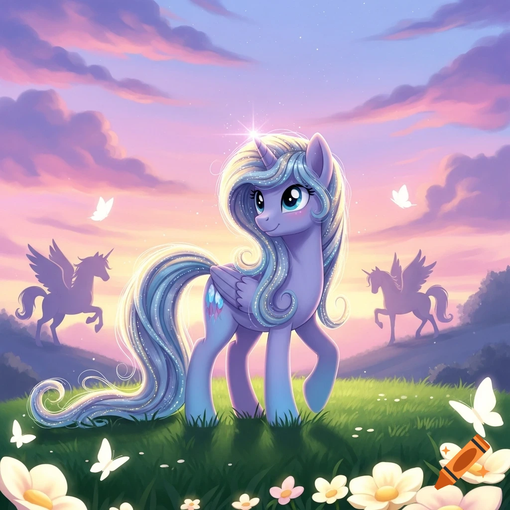 A sparkling purple pegasus unicorn with a flowing blue-white mane in a grassy field with flowers, under a pink and purple sunset sky with silhouetted pegasi.