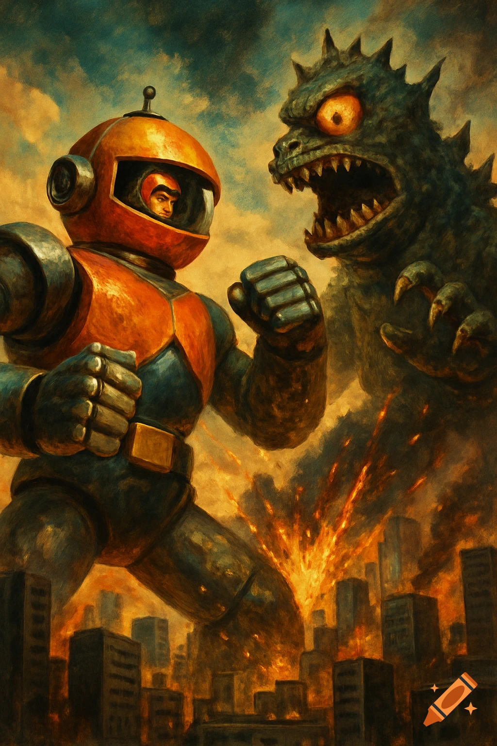 Giant orange and dark robot with a pilot fights a green, spiky kaiju over a burning city in a retro, painted style.