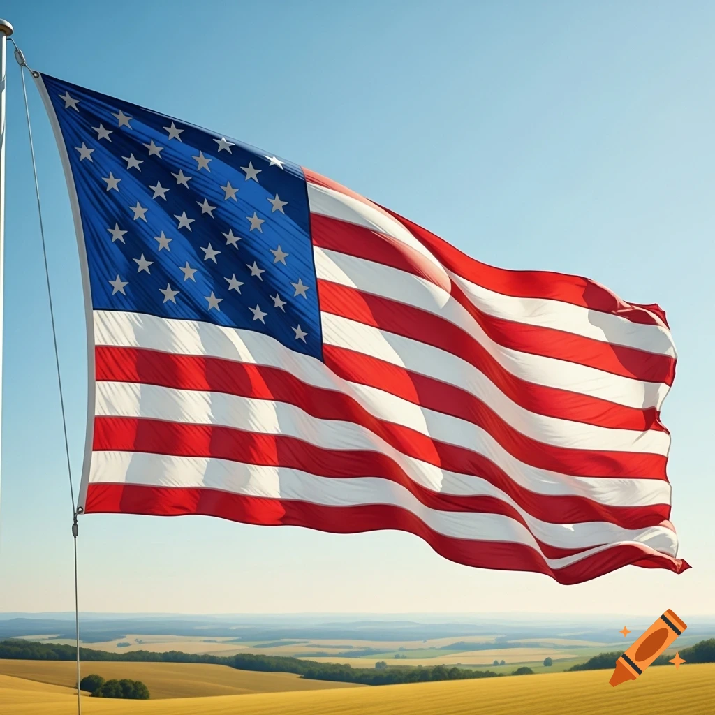 American flag waving proudly against a clear blue sky over rolling yellow fields and green hills.