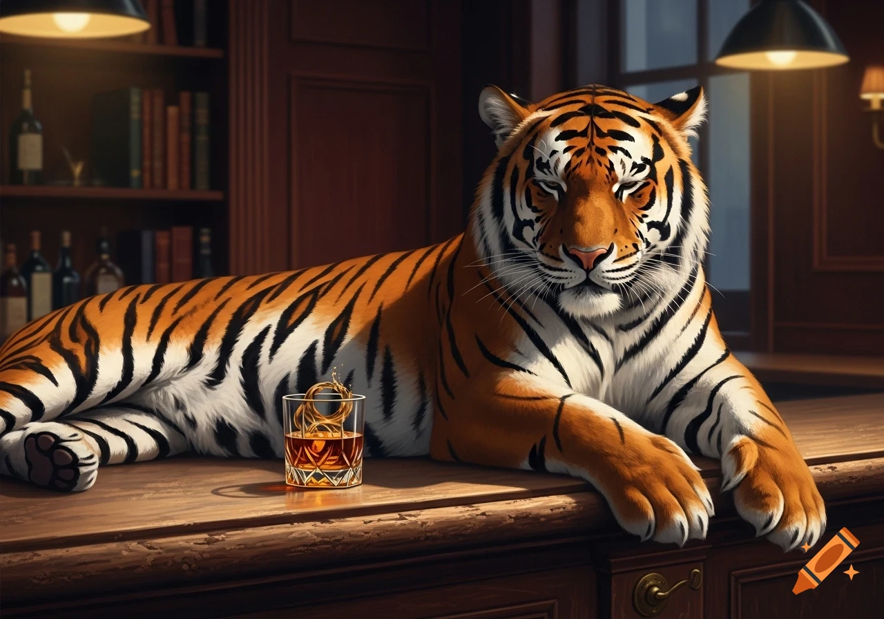 A photorealistic tiger lounges on a polished wooden bar counter next to a whiskey glass, with a dimly lit bookshelf behind it.