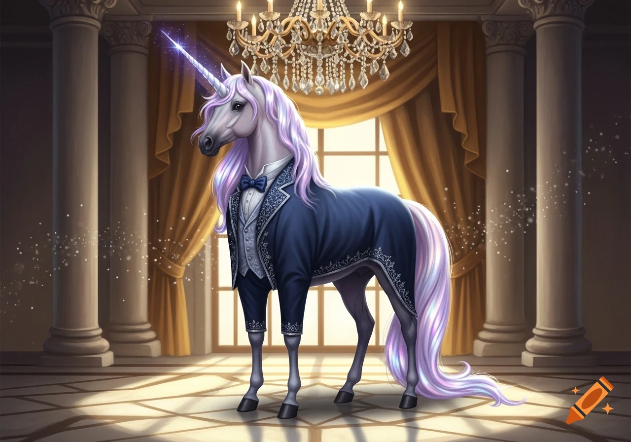 A white unicorn with a glowing horn and lavender mane, dressed in a blue tuxedo, stands elegantly in a grand ballroom.