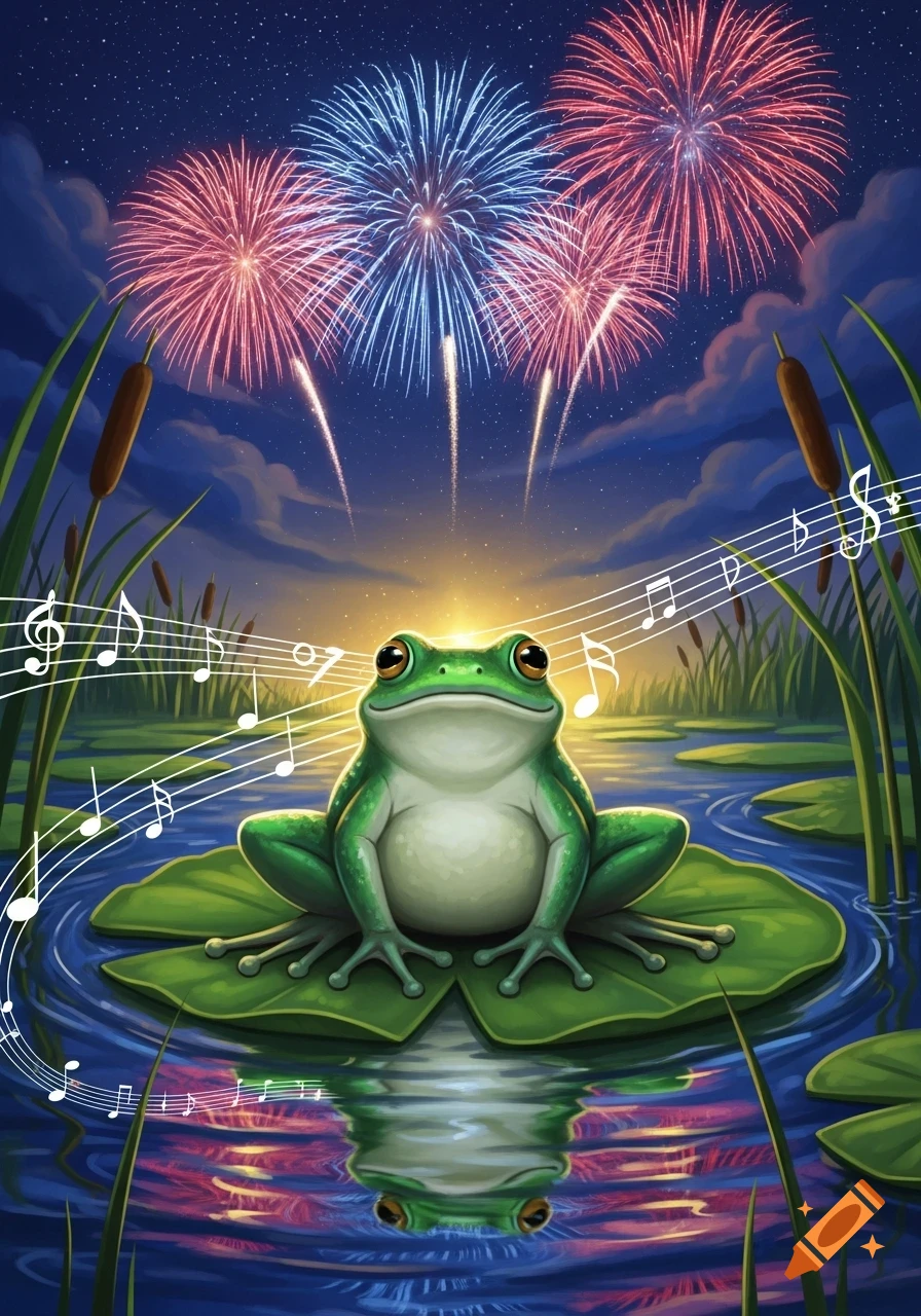 A cartoon green frog sits on a lily pad in a pond under a night sky with fireworks and floating musical notes.