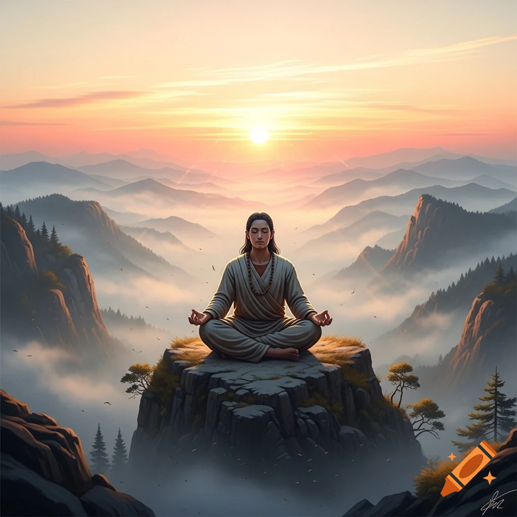 A spiritual person meditating in a lotus position on a rocky mountain peak at sunrise, with misty valleys below.