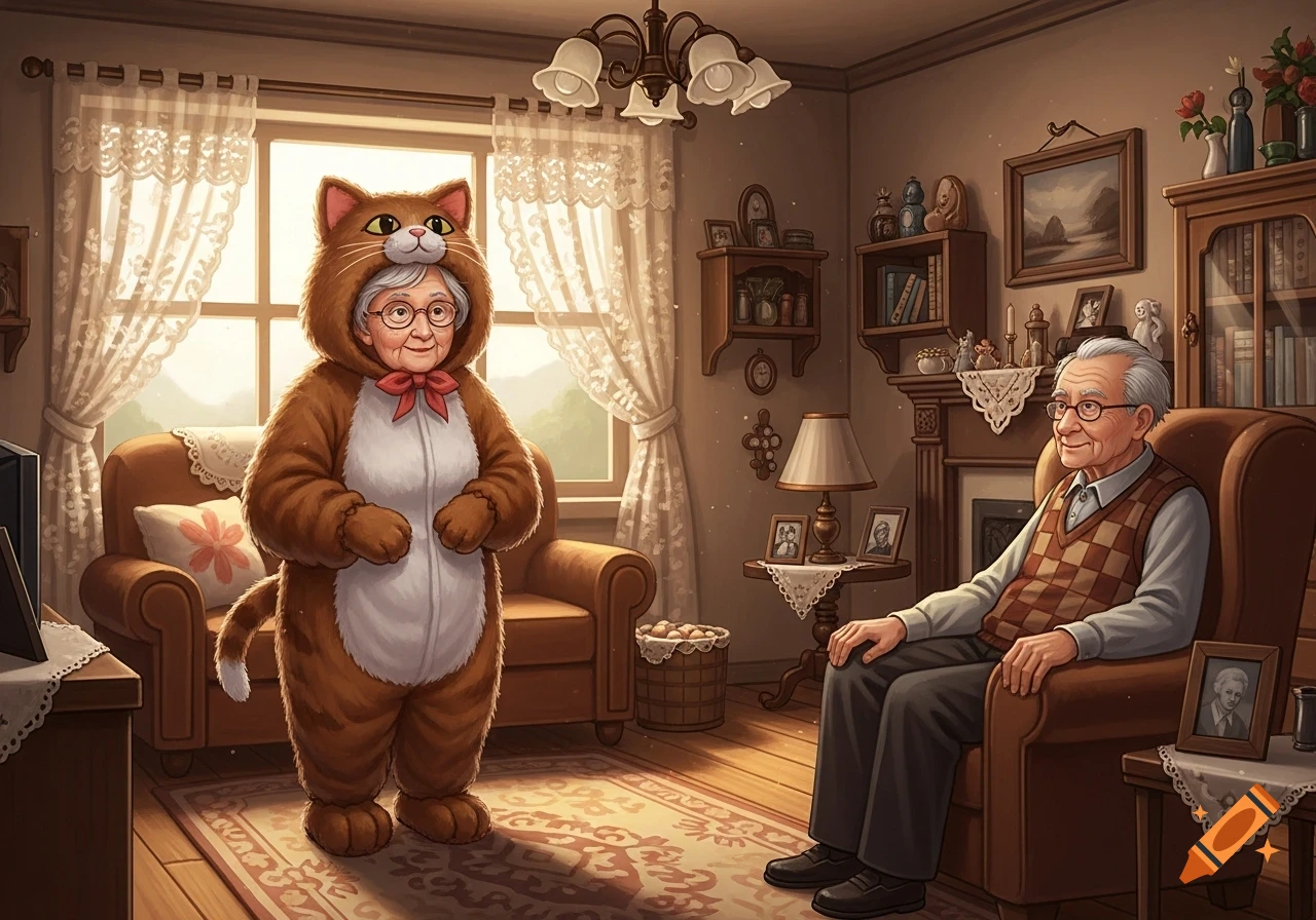 An old lady in a brown cat suit stands in a cozy living room, while an old man sits in an armchair, smiling at her.