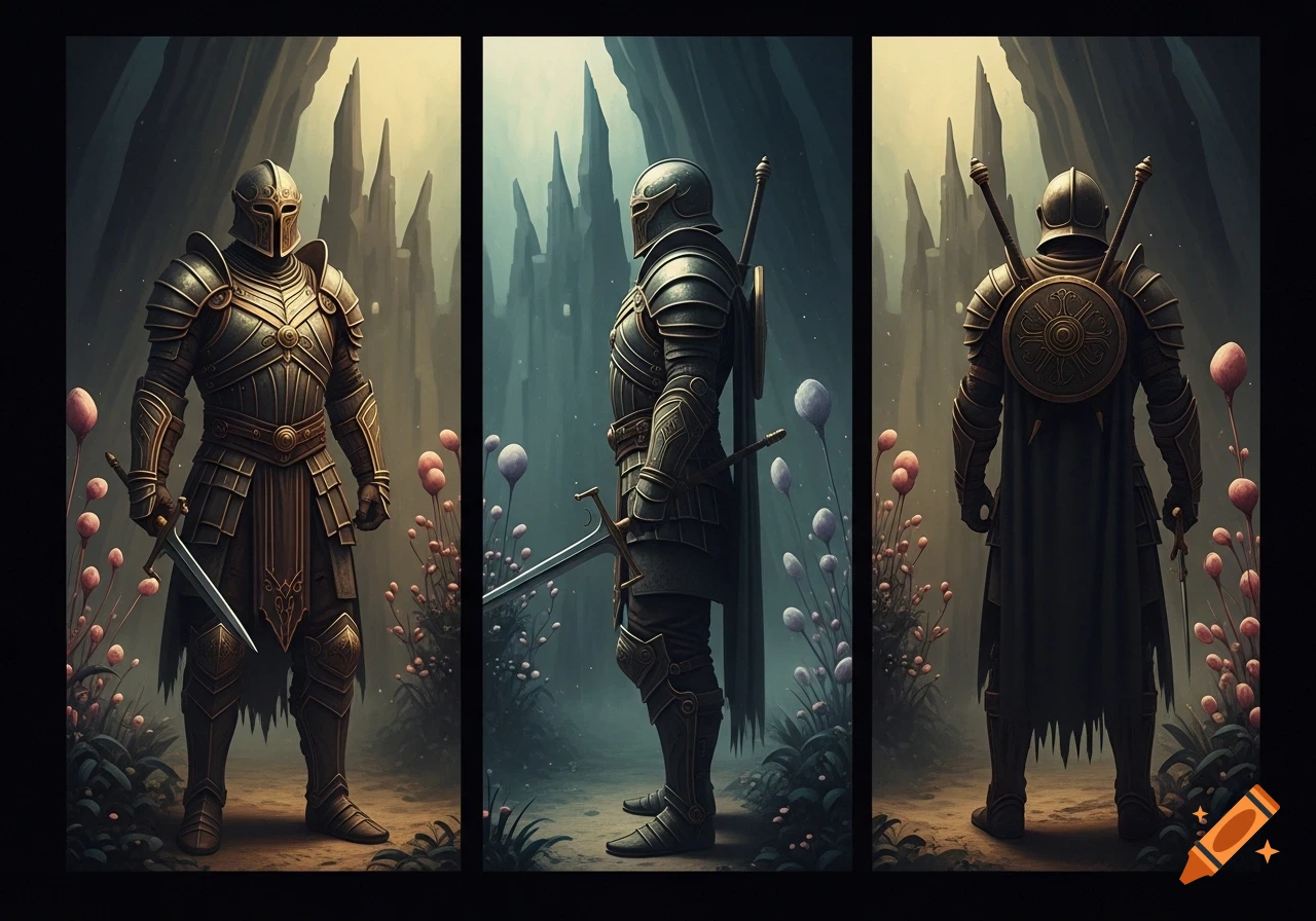 A medieval knight in full armor, shown in front, side, and back profiles, standing in a stylized fantasy landscape with sharp rock formations and whimsical plants, rendered in an old phong shading style.