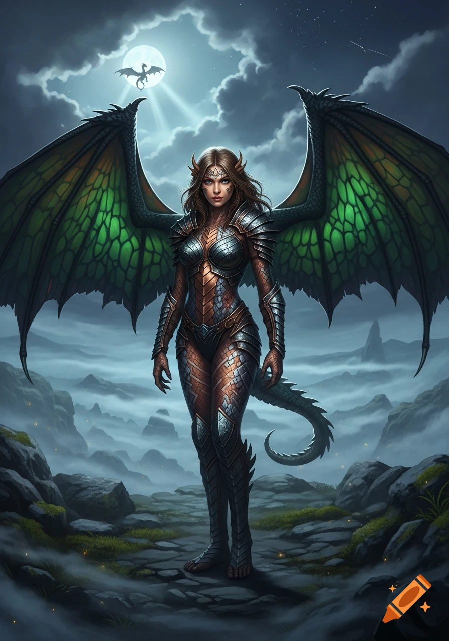 A dragon-winged woman in intricate armor stands in a misty, moonlit fantasy landscape, a dragon silhouette against the moon.
