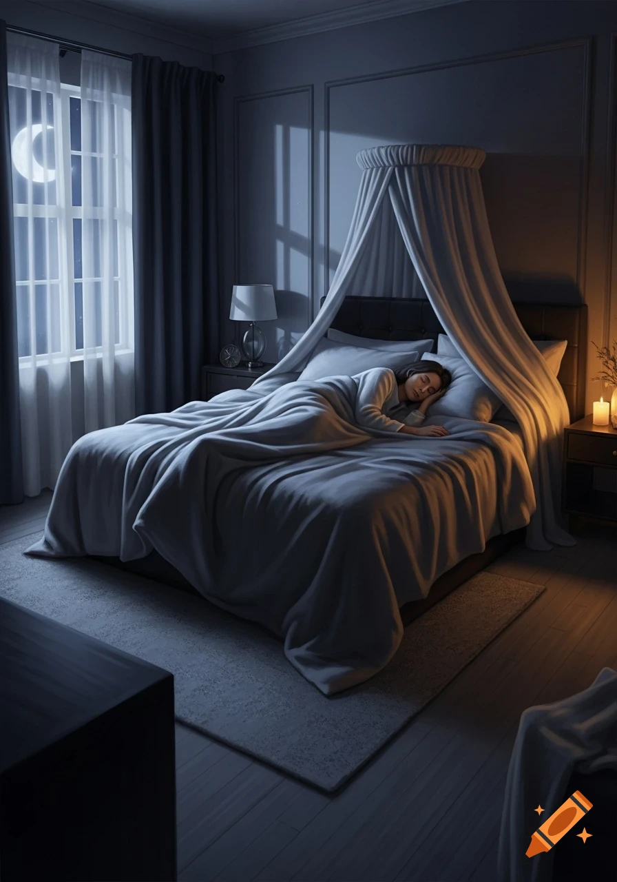 A tranquil photorealistic image of a woman sleeping peacefully in a cozy canopy bed at night, moonlight streaming through the window.