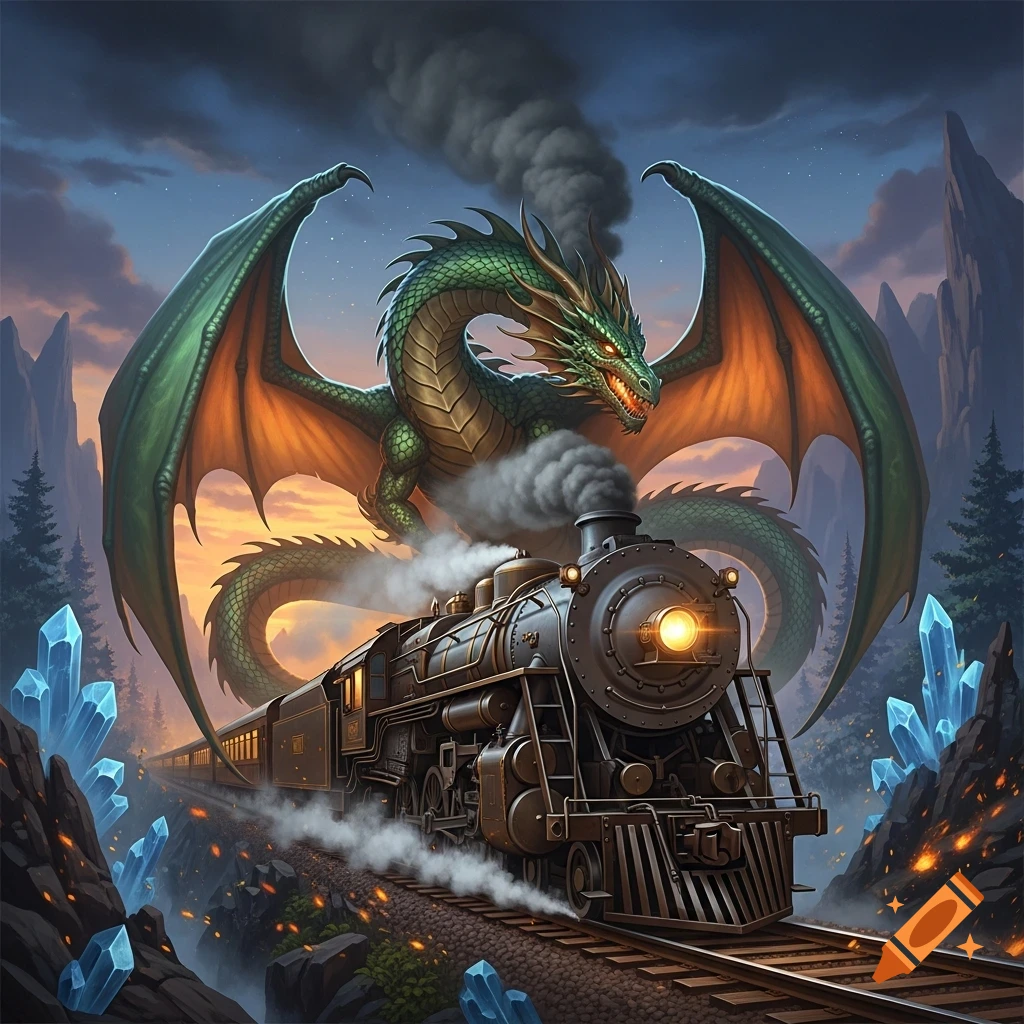 A vibrant green dragon with orange wings flies above a steam train on tracks, surrounded by mountains and glowing blue crystals at sunset.