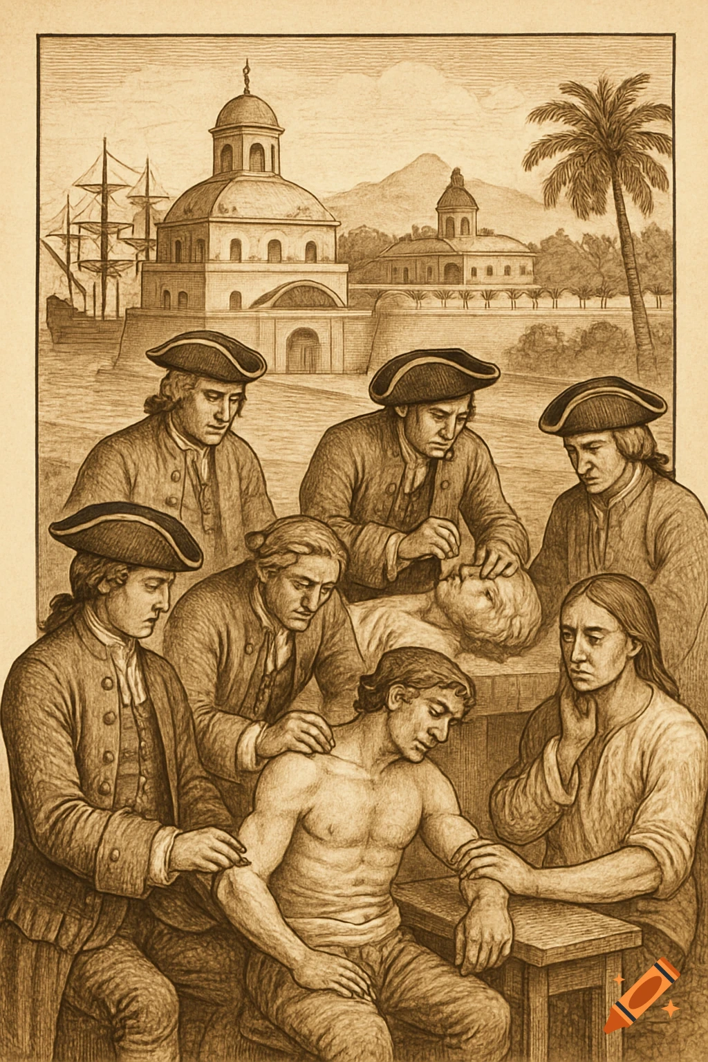An 18th-century sepia illustration depicts Spanish naval surgeons in tricorn hats attending to patients, one shirtless, in a colonial port with buildings and ships.