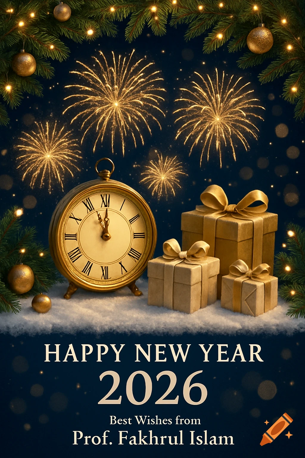 A festive New Year card with golden fireworks, a clock striking midnight, gifts, and pine branches with ornaments. Text reads "HAPPY NEW YEAR 2026 Best Wishes from Prof. Fakhrul Islam".