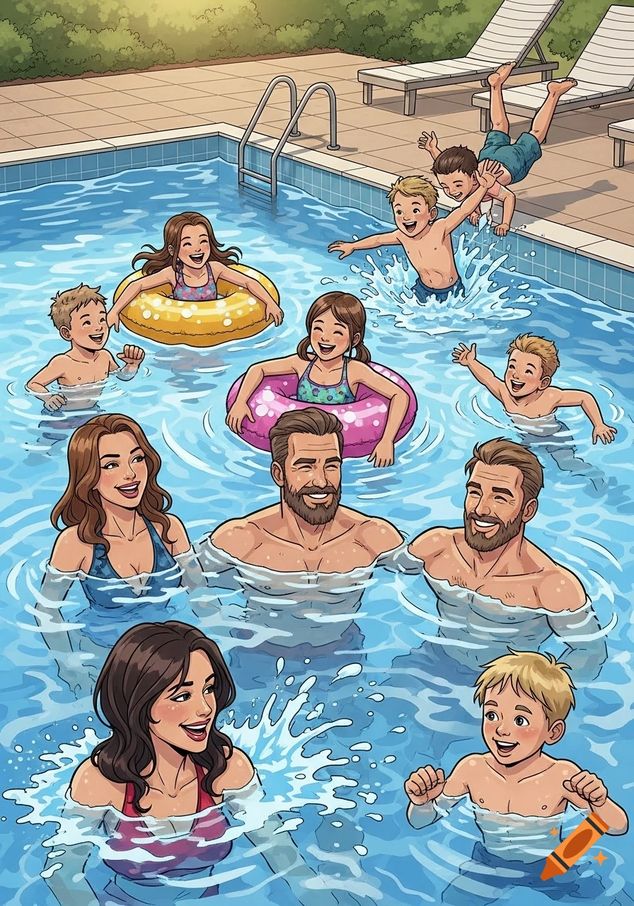 A cartoon illustration of a large family of nine people, adults and children, happily playing and splashing in a swimming pool on a sunny day.
