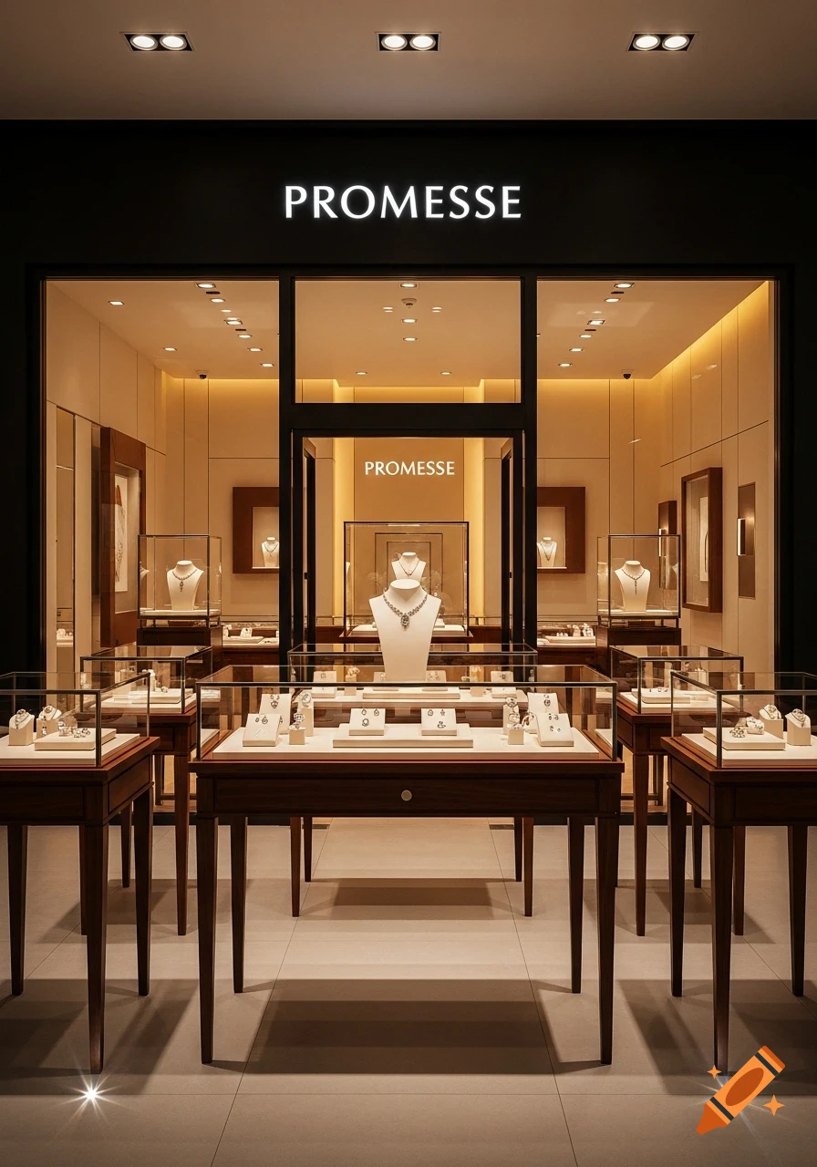 A luxurious jewelry store named PROMESSE with necklaces, rings, and earrings displayed in elegant glass cases on wooden tables.