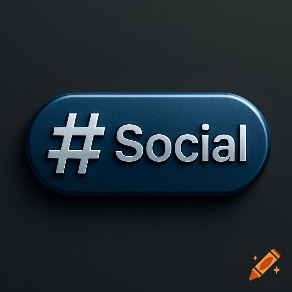 A 3D rendered dark blue pill-shaped button with a silver embossed hashtag symbol and the word 'Social' on a dark background.