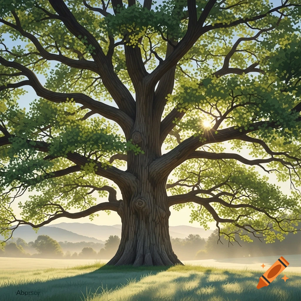 A majestic, stylized tree with green leaves in a sunlit field at sunrise, with misty hills in the background.