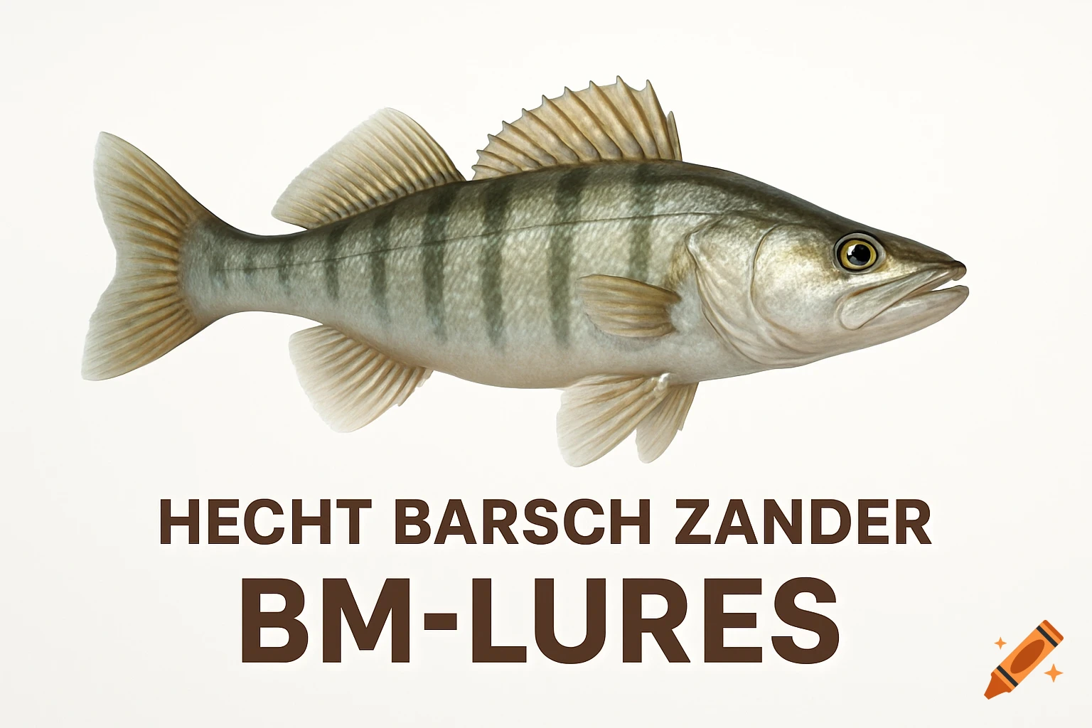 A photorealistic image of a perch fish with grey stripes, seen from the side. Below it, the text "HECHT BARSCH ZANDER" and "BM-LURES" is displayed in brown on a white background.