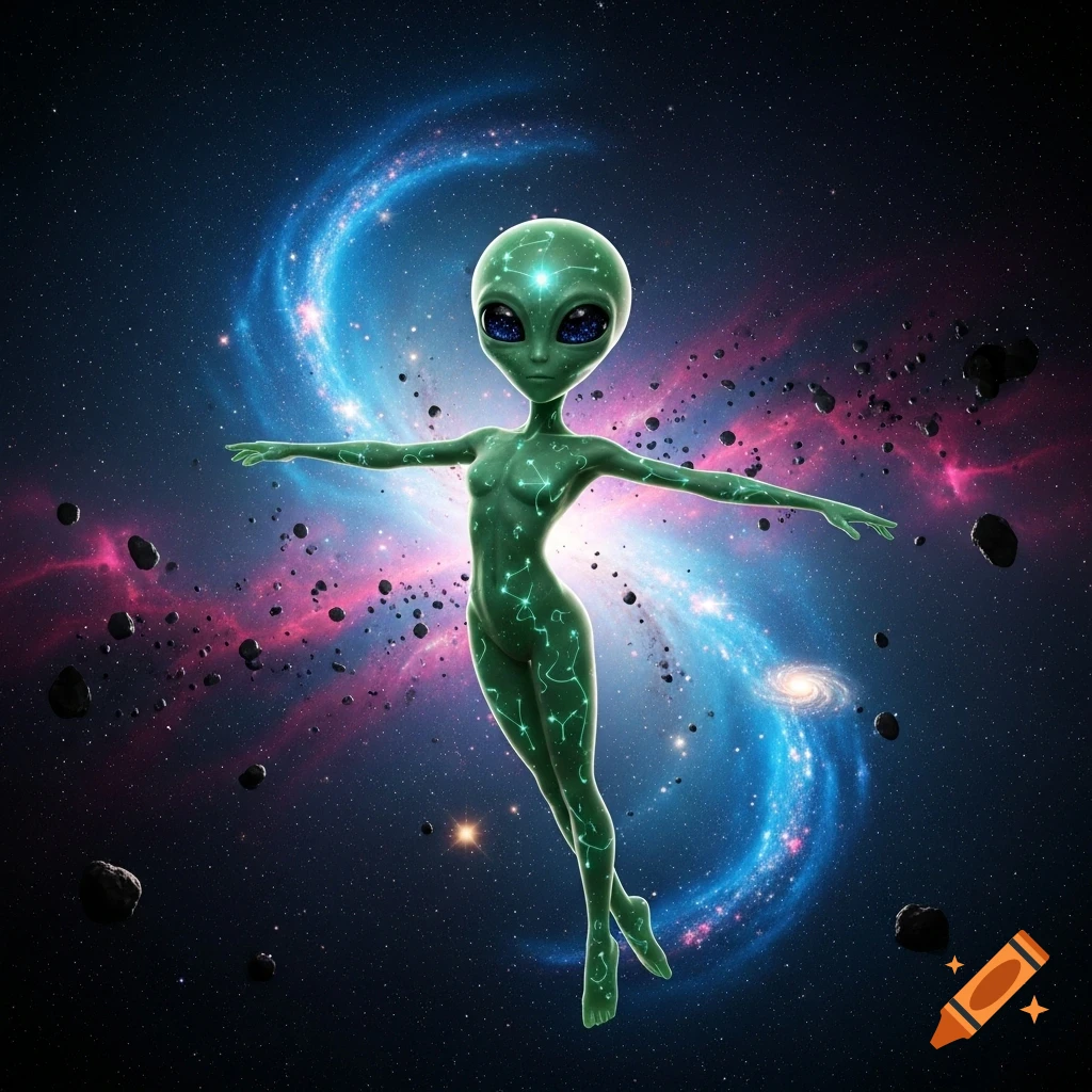 A slender green alien with glowing patterns floats in a vibrant space background with swirling galaxies and asteroids.